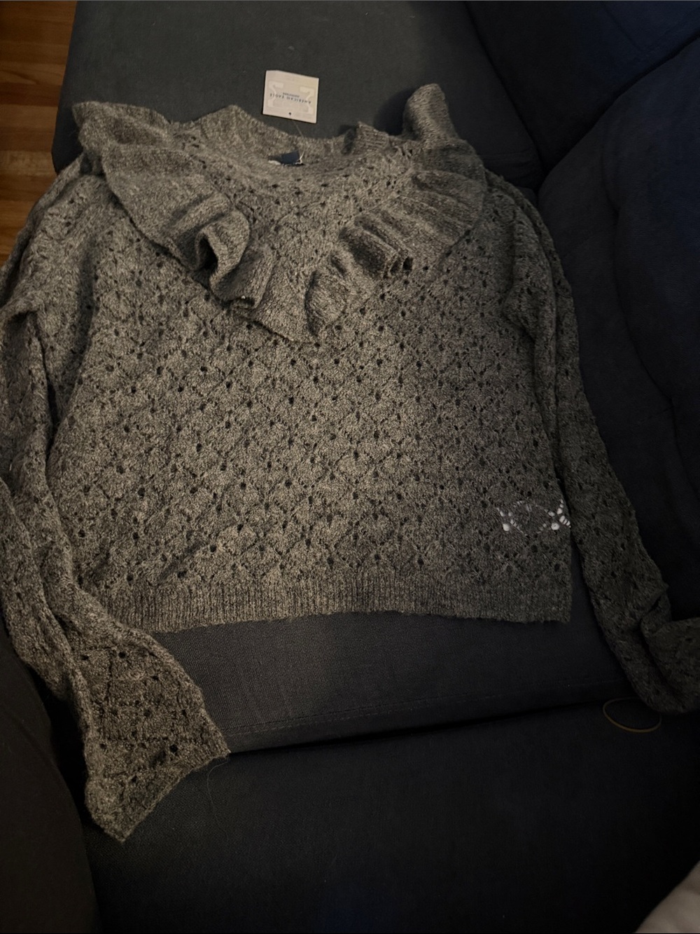 American Eagle Outfitters Gray Ruffle-Yoke Openwork Knit Sweater